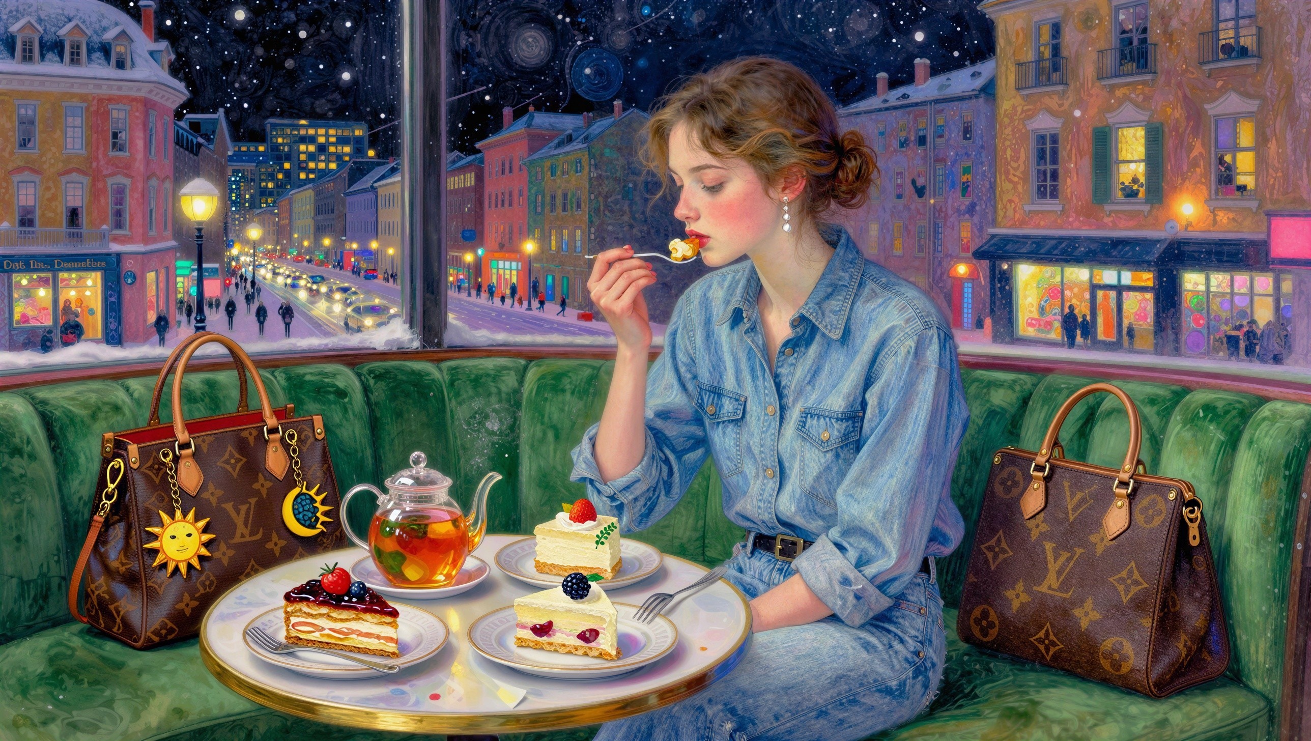 Vintage Woman Dining with Cheesecake in City Restaurant