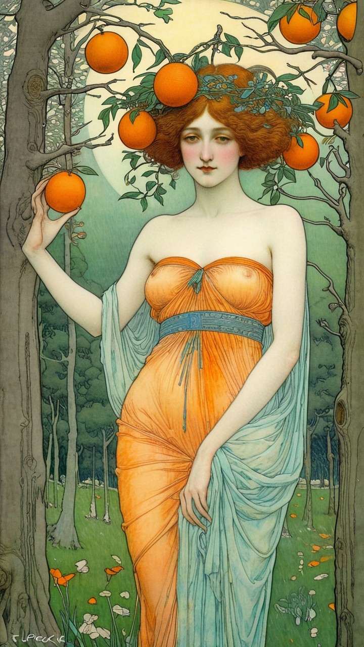 Graceful Woman in Orange Dress in Serene Landscape