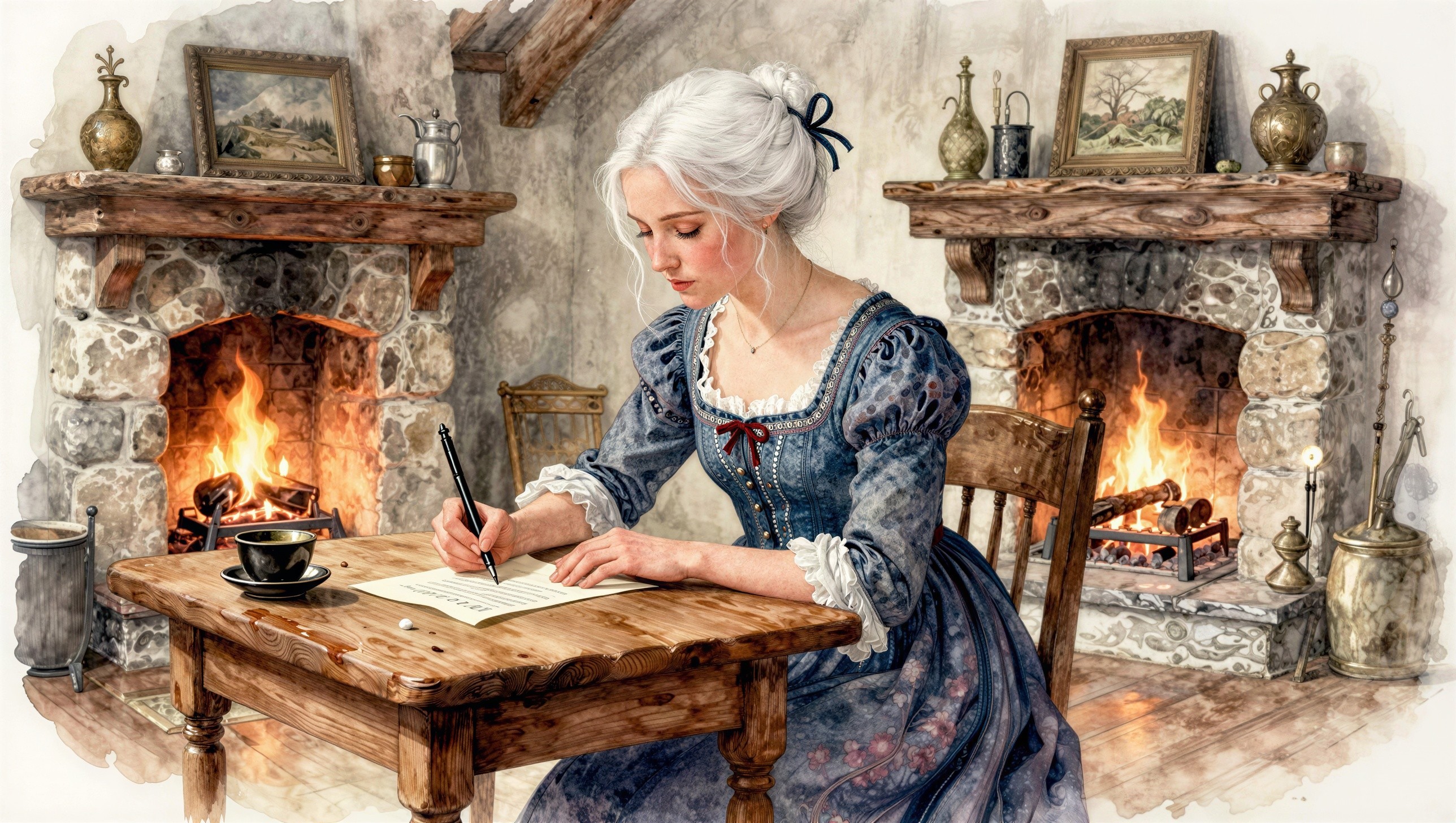 Young Woman Writing at Table with Stone Fireplaces