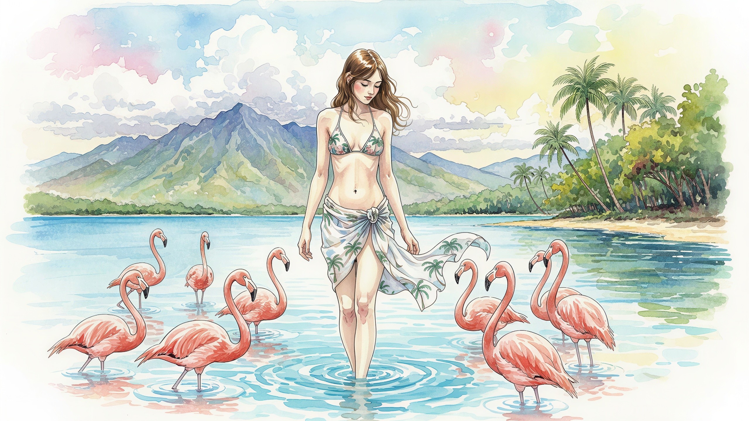 Watercolor Painting of Woman Among Flamingos in Lagoon