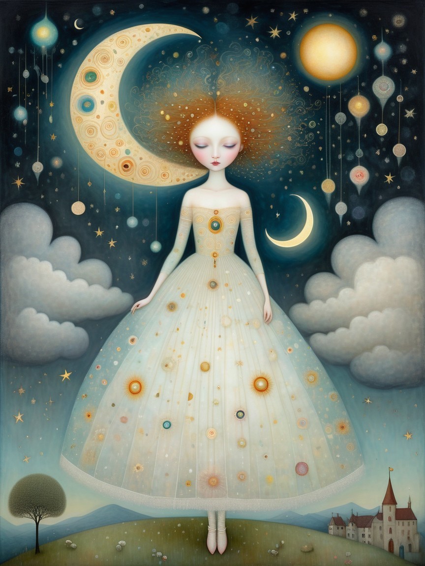 Whimsical Figure in Celestial Dress Against Starry Sky