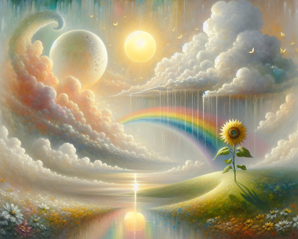 Vibrant Dreamlike Landscape with Sunflower and Rainbow