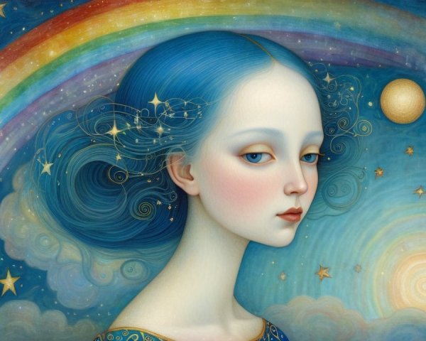 Dreamy Young Woman with Blue Hair in Colorful Scene