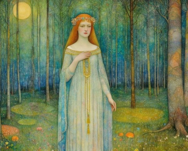 Serene Forest Scene with Young Woman in Blue Gown
