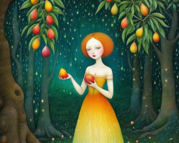 Young Woman in Gradient Dress in Enchanted Forest