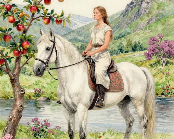 Young Woman on White Horse in Lush Green Landscape