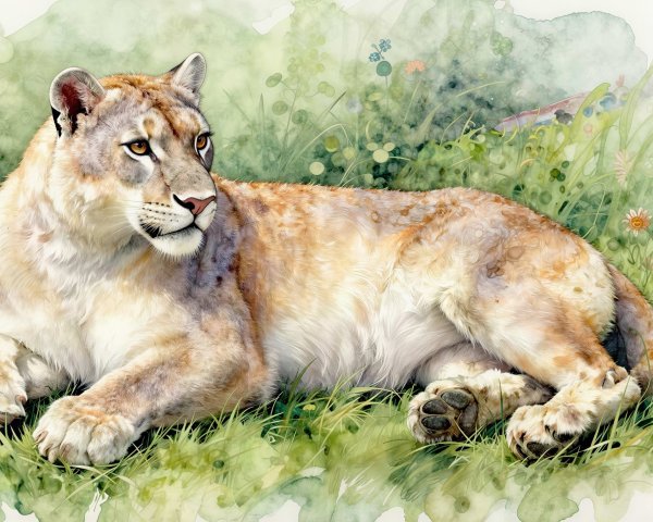 Watercolor Painting of a Cougar in Lush Grass
