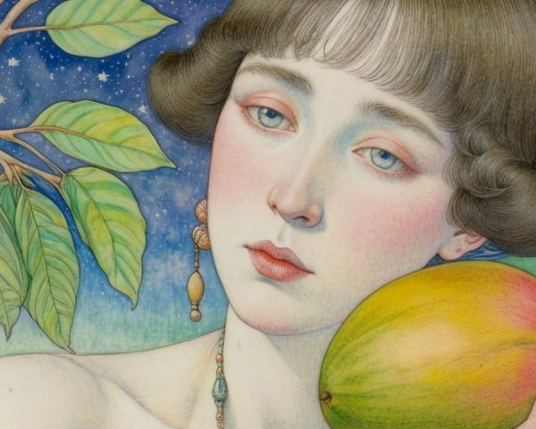 Ethereal Young Woman with Mango in Dreamy Setting