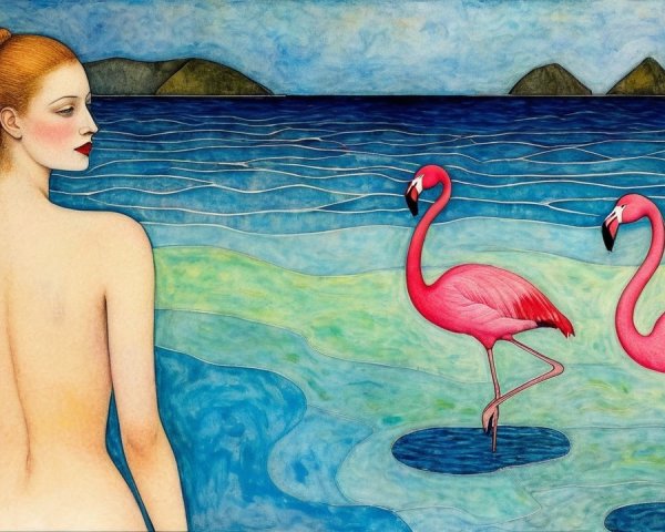 Serene Beach Scene with Woman and Pink Flamingos