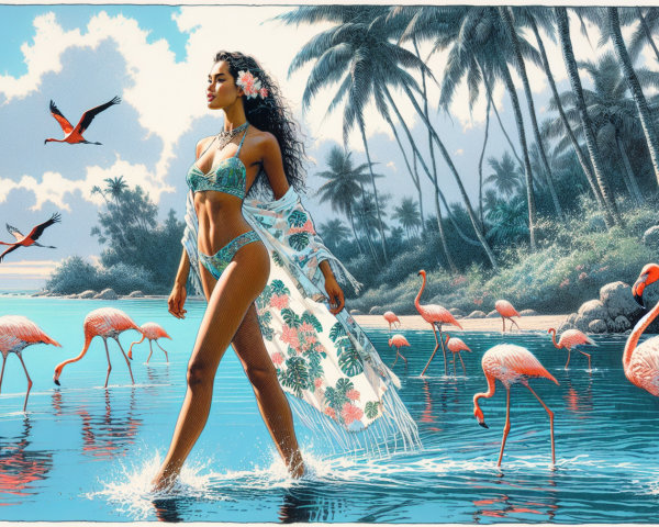 Beach Scene with Woman in Bikini and Flamingos
