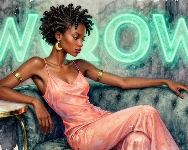 Watercolor Painting of Woman in Peach Dress on Sofa