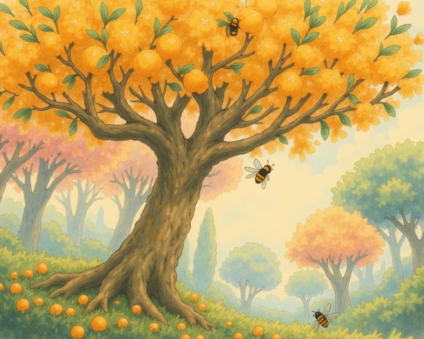 Whimsical Landscape with Vibrant Orange Tree and Bees