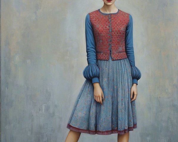 Full body shot of a woman in teal and red outfit