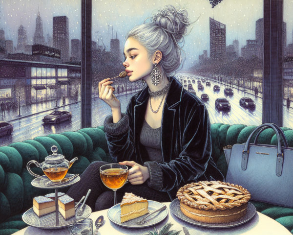 Young Woman with Gray Hair in Restaurant Setting