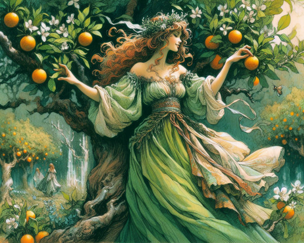 Ethereal Woman Among Lush Orange Trees and Flowers