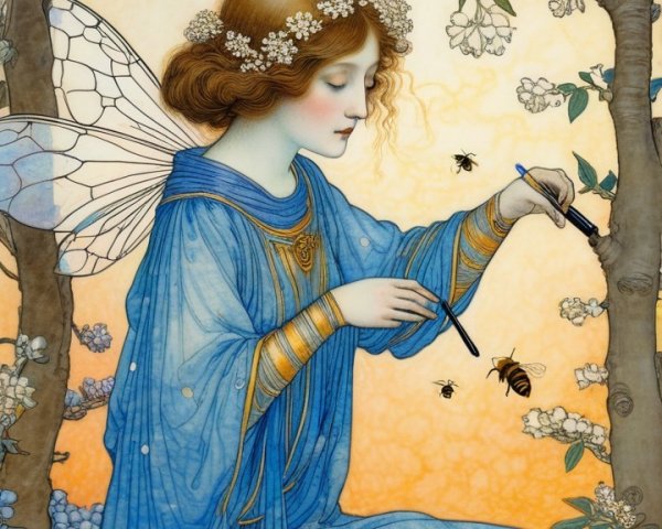 Fairy Painting Among Blossoming Orange Trees