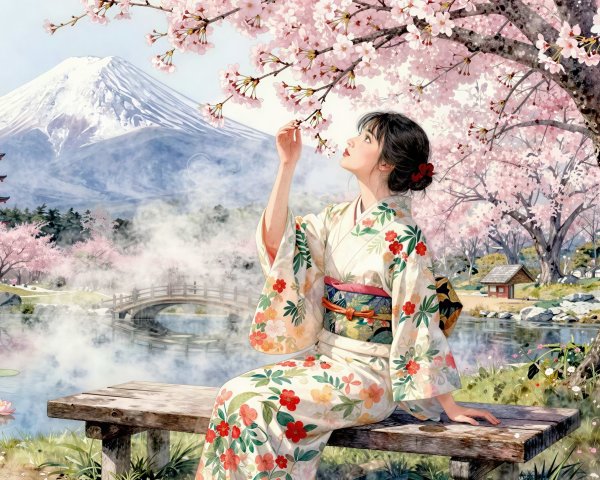 Watercolor Cherry Blossom Landscape in Japan