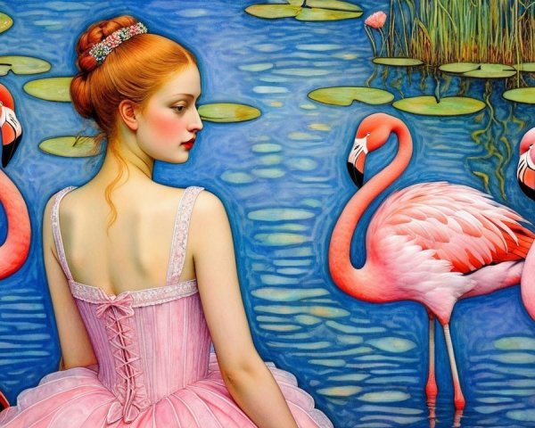 Young Woman by Tranquil Pond with Flamingos