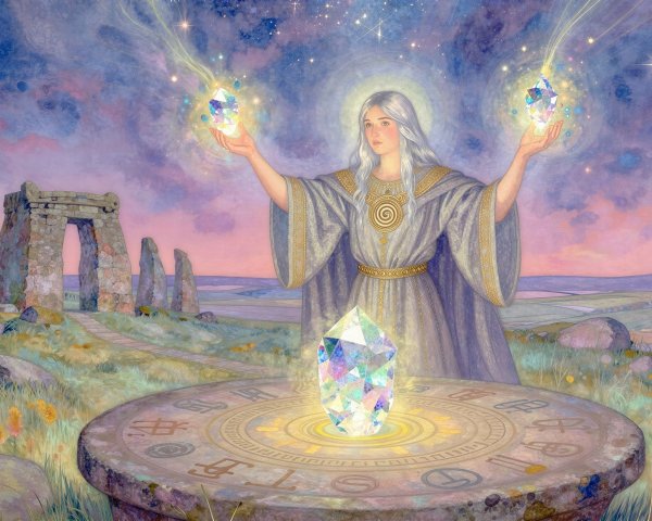 Ethereal Woman with Crystals in Mystical Landscape
