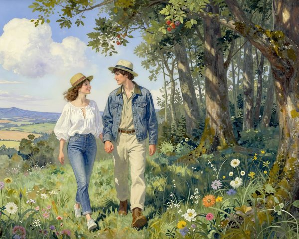 Young Couple in Wildflower Meadow on Sunny Day
