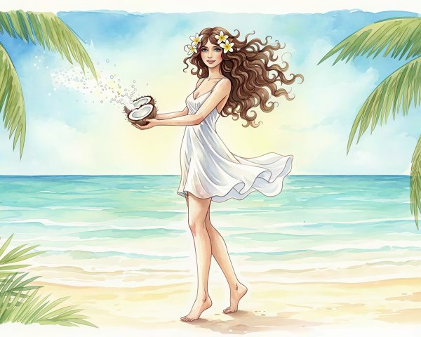 Anime-style watercolor painting of a girl on beach