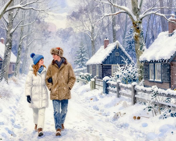 Lovers Walking in a Snowy Forest Village Path