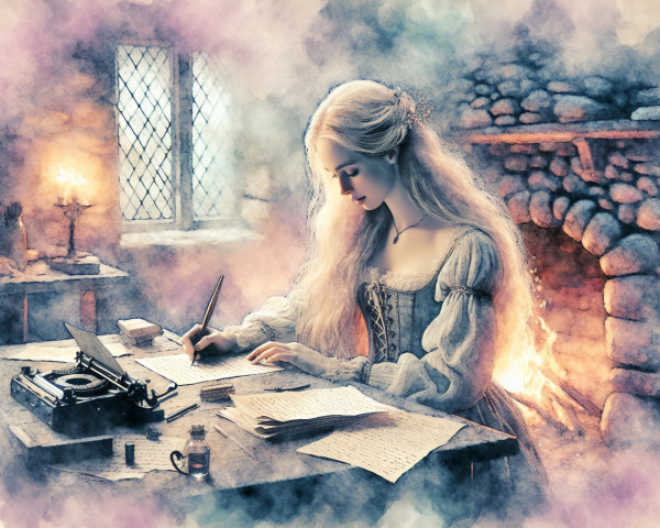 Watercolor painting of a woman writing by candlelight