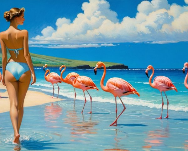 Serene Beach Scene with Flamingos and Lush Hills
