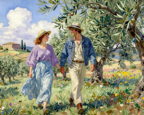 Couple Strolling in Olive Grove in Tuscany, Italy
