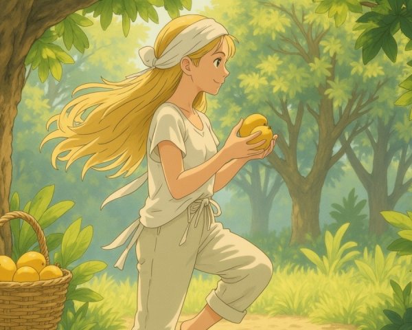 Young girl in orchard with fruits and sunshine