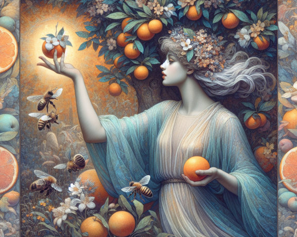 Serene figure with flowers and oranges in nature setting