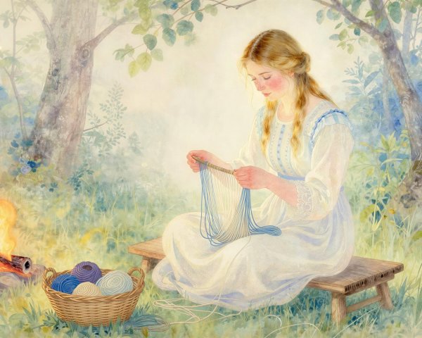 Watercolor of a woman knitting by a campfire