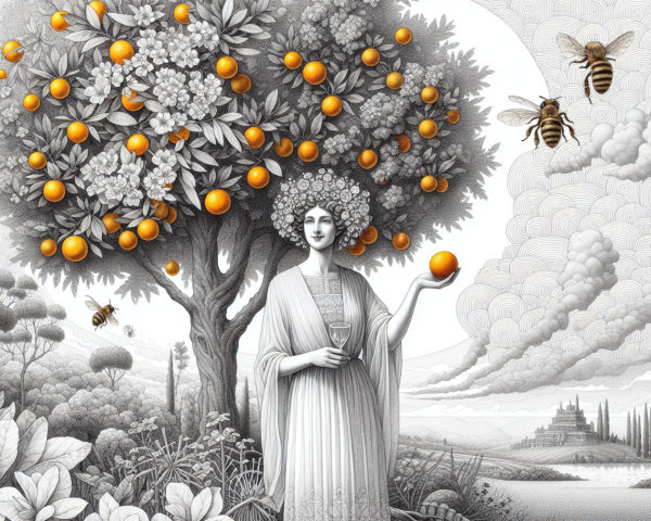 Monochrome Landscape with Woman and Fruit Tree