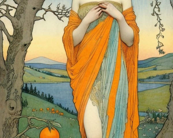 Graceful figure by orange tree in vibrant landscape