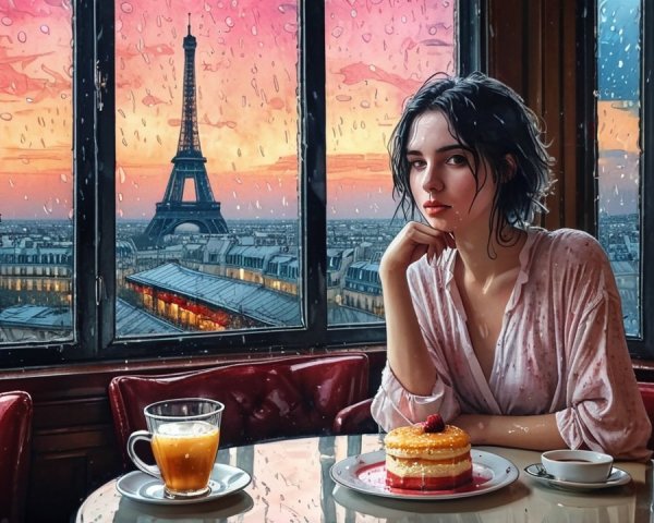 Young woman in cafe with pancakes and orange beverage