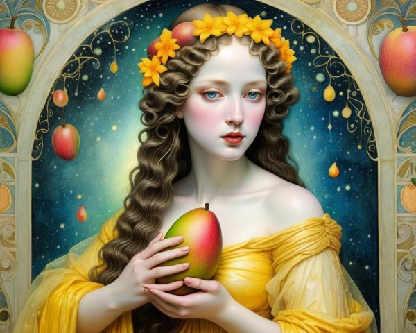 Ethereal Woman in Yellow Gown with Mangoes Background