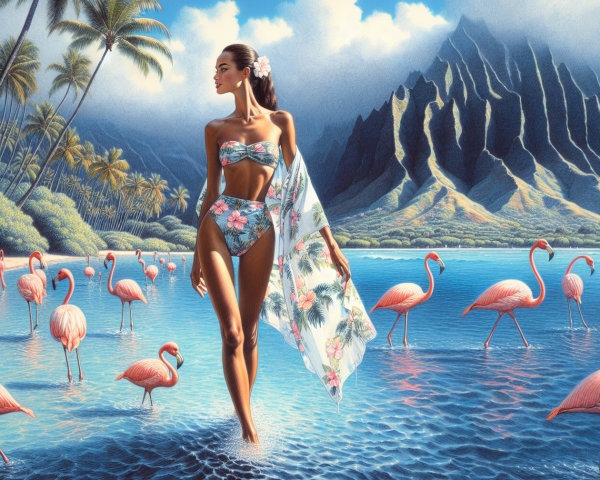 Tropical Scene with Woman, Flamingos, and Mountains