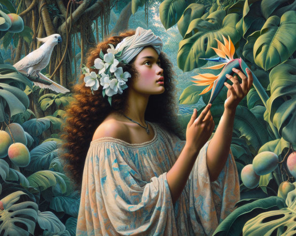 Tropical Paradise with Woman and Vibrant Wildlife