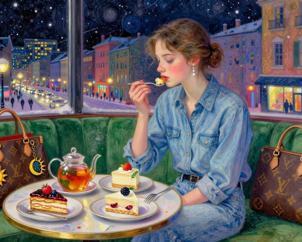 Vintage Woman Dining with Cheesecake in City Restaurant