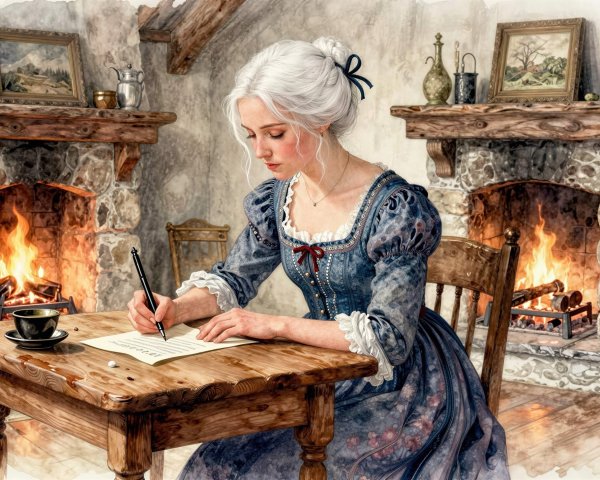 Young Woman Writing at Table with Stone Fireplaces