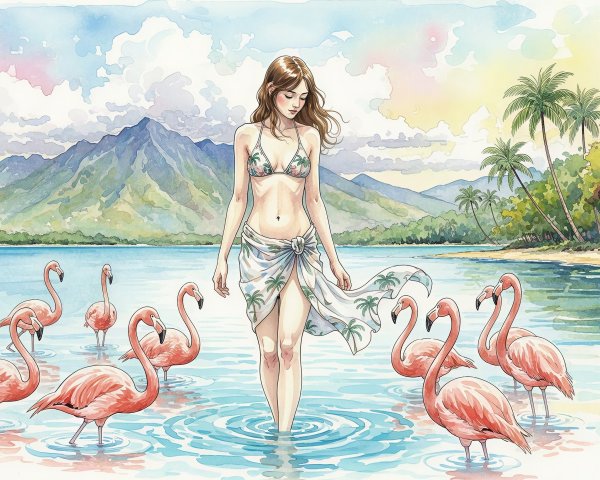Watercolor Painting of Woman Among Flamingos in Lagoon