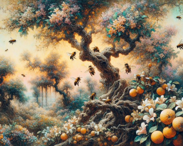 Fantastical Landscape with Gnarled Trees and Blossoms