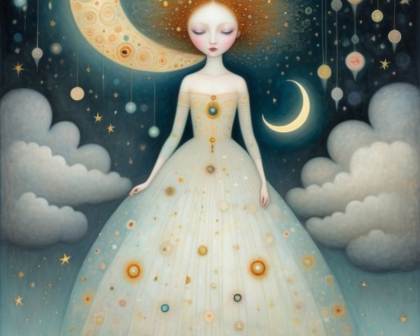 Whimsical Figure in Celestial Dress Against Starry Sky