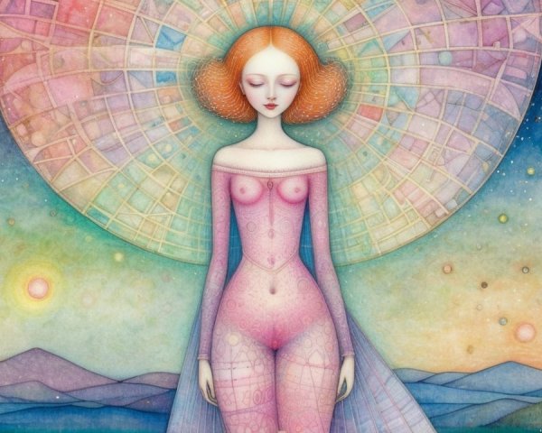 Watercolor Painting of Woman with Colorful Halo Background