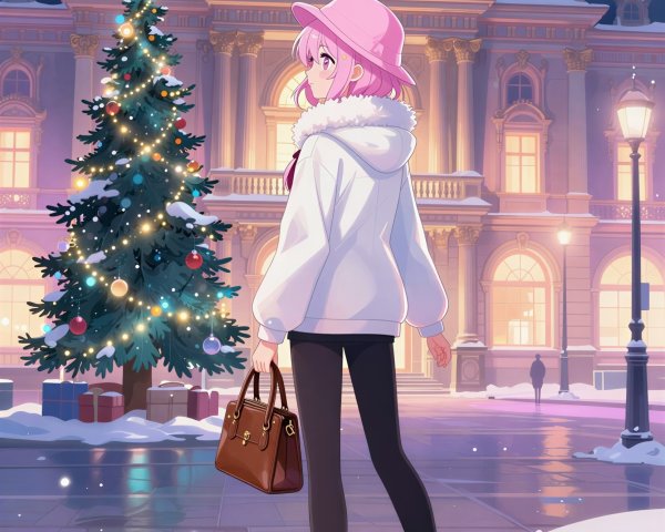 Anime Girl with Pink Hair by Christmas Tree in City