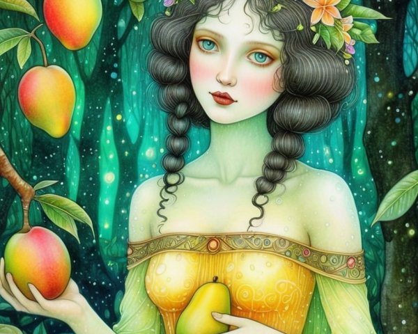 Whimsical Illustration of a Serene Woman in Nature
