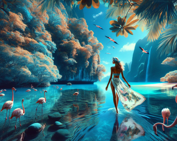 Tranquil Lagoon with Lush Foliage and Flamingos