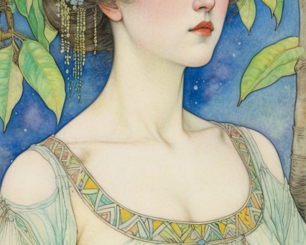 Young Woman in Gown Surrounded by Nature and Mangoes