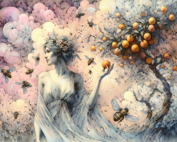 Whimsical Scene of Woman with Floral Crown and Oranges