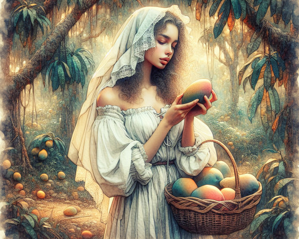 Young Woman in White Dress Surrounded by Mango Trees